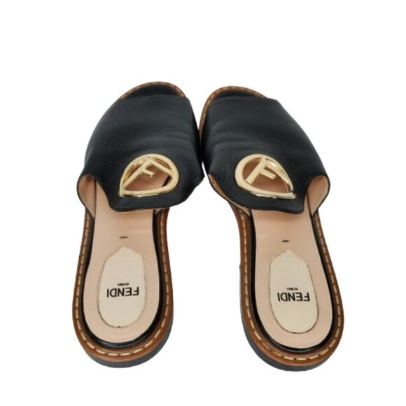 Fendi F Logo Leather Flat Slide Sandals - Picture 4 of 9
